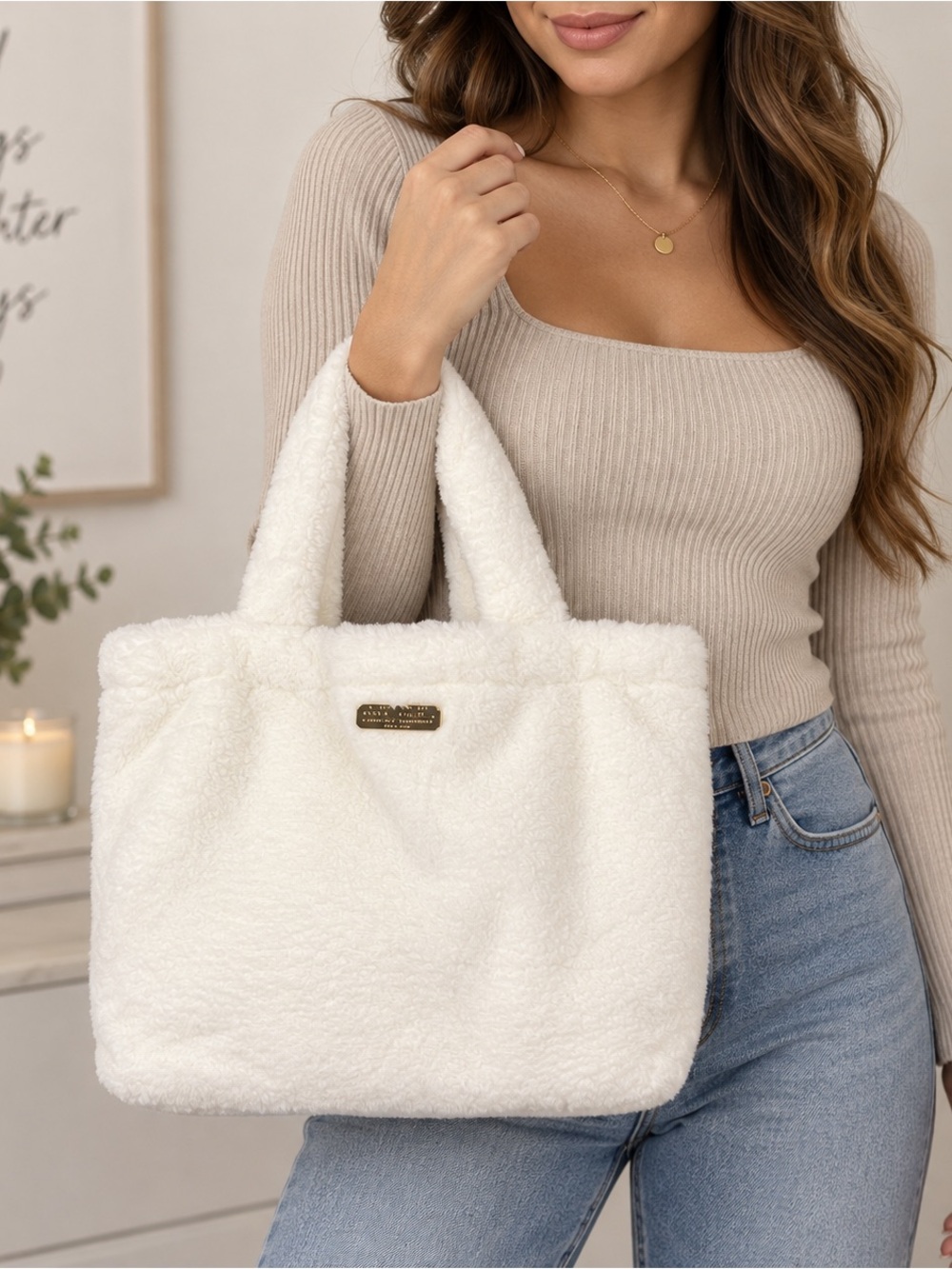 Carolina Herrera Good Girl White Plush Tote Bag - Soft Faux Fur Handbag